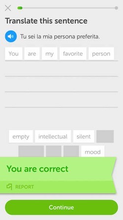 Duolingo quizzes you on how to properly form Italian sentences