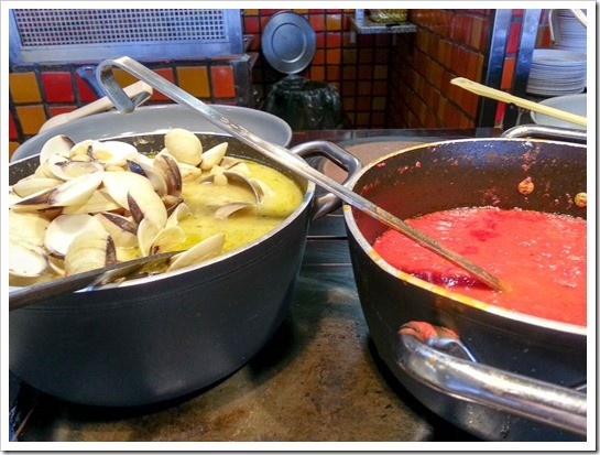 Choose your pasta sauce: clams in butter and white wine, or simple tomato.