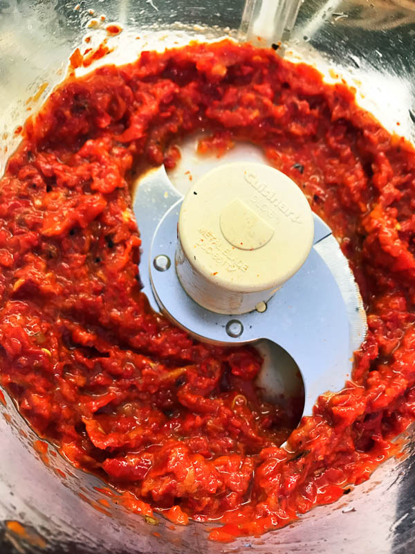 Use a food processor to grind up the roasted Corno di Toro peppers